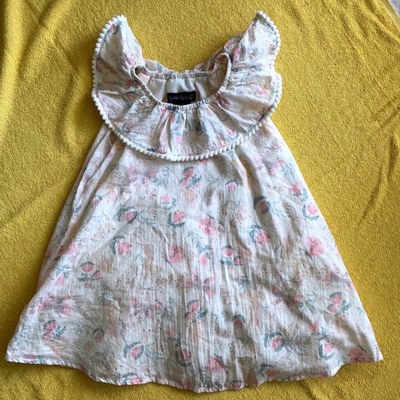 Cynthia Rowley Other - Cynthia Rowley Floral Bunny Dress Kids 2T Cream Pink Excellent Pom Pom Ruffle